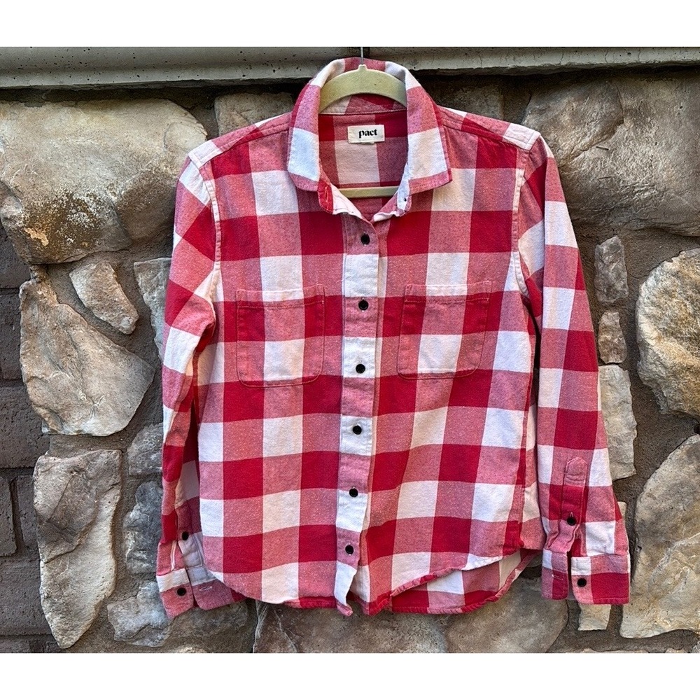 Pact Women's Flannel Red White Button Down Long Sleeve Small Organic Cotton
